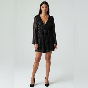 D&M Black Sequin Long Sleeve V-Neck Romper Sparkly Chic Black Sequin Mini Dress